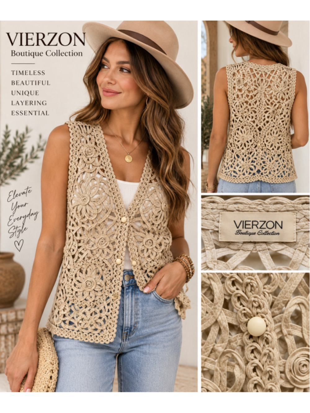 Vierzon Boutique Collection Beige Floral Soutache Lace Vest Cottagecore Boho